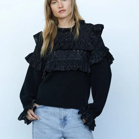 Zara nwt black lace crochet boho bohemian black knitted sweater top - Picture 3 of 7